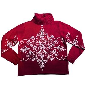 Timberlea Red White Snowflake Embroidered Beaded Sequin Sweater Cotton